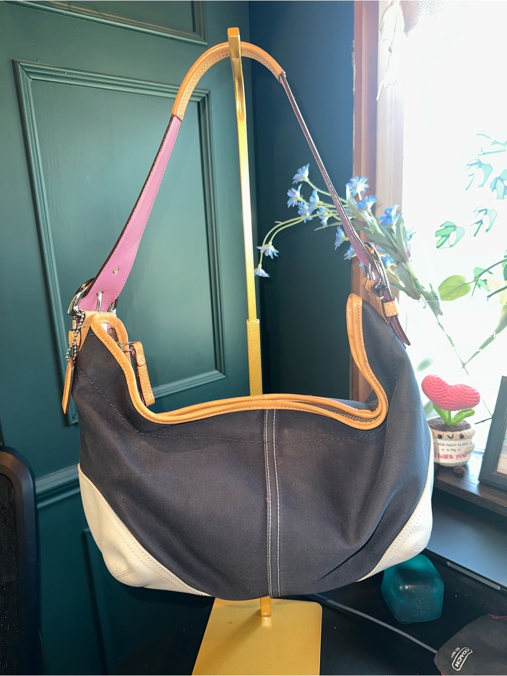 Navy Coach Canvas Leather Hobo Bag